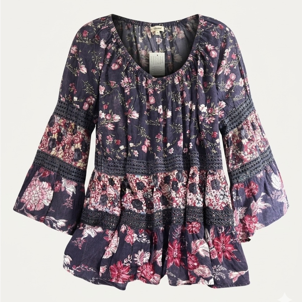 Indigo Thread Co. Purple Floral Bell Sleeve Top and Crochet Lace Trim